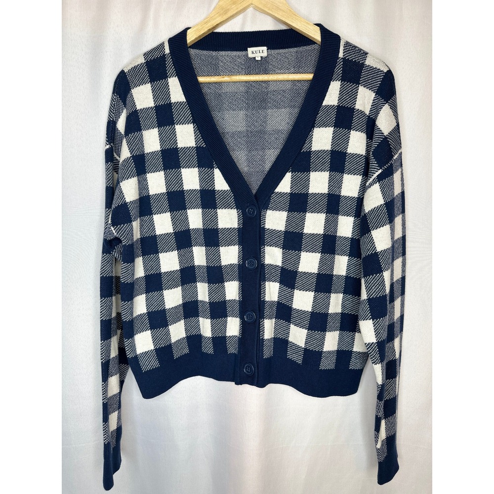 Kule White & Navy Gingham V-neck Cardigan, LARGE Preppy French Chic Cottagecore